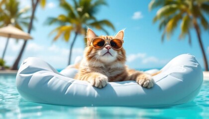 Chill vibes: cool cat with sunglasses relaxing in a tropical pool paradise