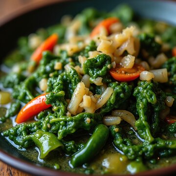 Close-up view of stewed callaloo with coconut milk, topped with chopped onions, peppers, and tomatoes. This rich green dish is garnished with fresh herbs.
