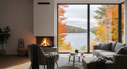 Fototapeta premium Interior scene with fireplace, modern furniture, and a large window framing autumn lake view