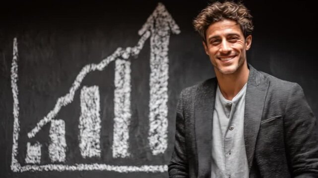 Smiling man with business graph on blackboard for success