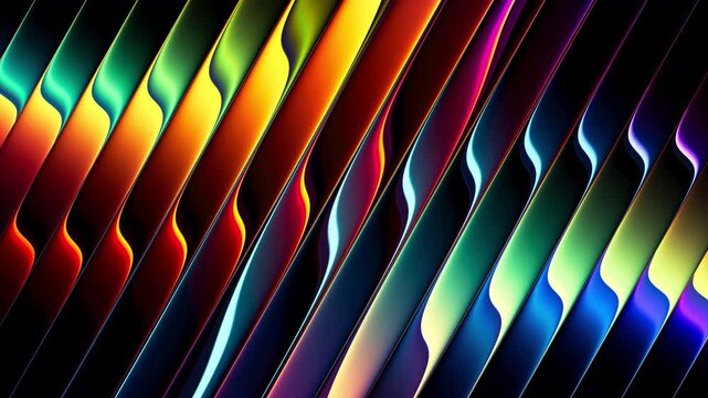 Fluid neon gradients ripple across ribbed glass while rotational motion shapes shifting colorful waves. Flowing chromatic dynamic gradients refracted through layered glass ridges. Seamless loop. 4K