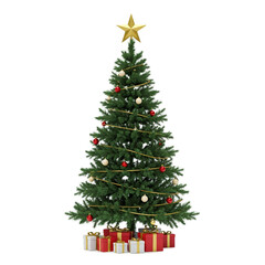 Fototapeta premium Realistic Christmas Tree With Golden Star Lights Gifts And Ornaments