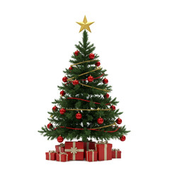 Fototapeta premium Realistic Christmas Tree With Red Gifts Golden Star Light