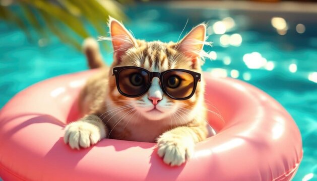 Cool cat relaxing in pool on pink floaty with sunglasses and sunshine vibes