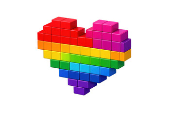 Rainbow pixel heart representing love and pride, a colorful 3d rendering for lgbt awareness on a transparent background