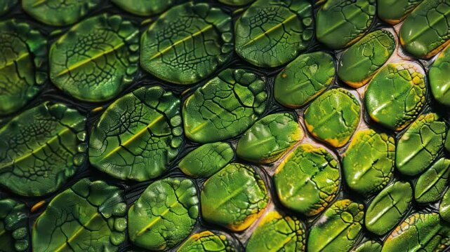 A detailed of lizard scales with a mix of green and yellow hues.