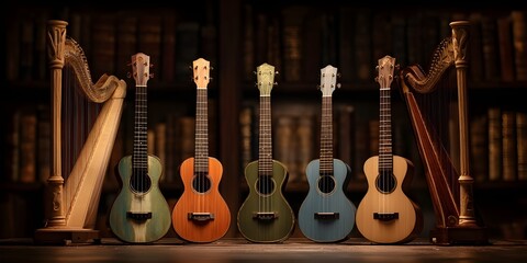 Naklejka premium One Single Harp In The Middle Of So Many Strumming Ukuleles Unique Musical Instrument Photography
