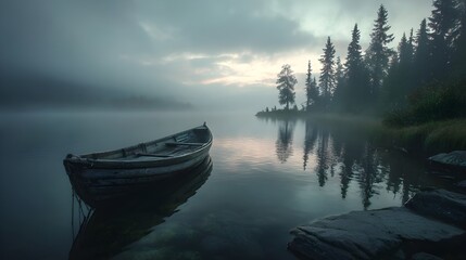 Obraz premium Misty Lake Solitary Wooden Rowboat Anchored On Glassy Surface Tranquil Morning Peaceful Water Scene