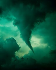 Fototapeta premium Funnel Cloud Silhouette Beginning To Descend From Green Tinted Storm Sky Tornado Weather Phenomenon