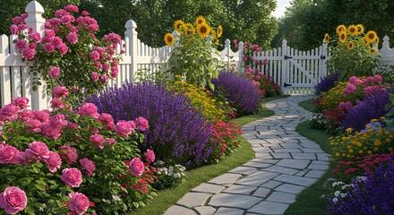 Obraz premium Lush garden with a winding stone path, flanked by blooming flowers and a white picket fence