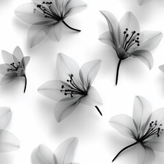 Obraz premium Seamless x-ray lily flower pattern in monochrome with soft shadowed radiography effect
