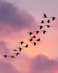 Fototapeta premium Flock Of Migrating Cranes In Perfect V Formation Against Sky Wildlife Nature Bird Photography Flight