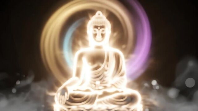 Monumental image of the serene head of the Buddha, framed by explosive golden light and deep, atmospheric blue and grey clouds.