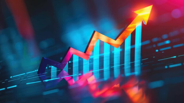 Dynamic and futuristic stock for financial or business presentations featuring a glowing digital bar chart on a dark background.