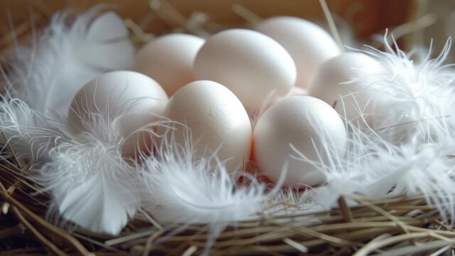 A close-up view of newly hatched chicks surrounded by white downy feathers and unfertilized eggs in the nest.