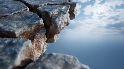Fototapeta premium Dramatic cracked rock cliff edge against a vast blue sky with bright clouds, symbolizing challenge and natural power.