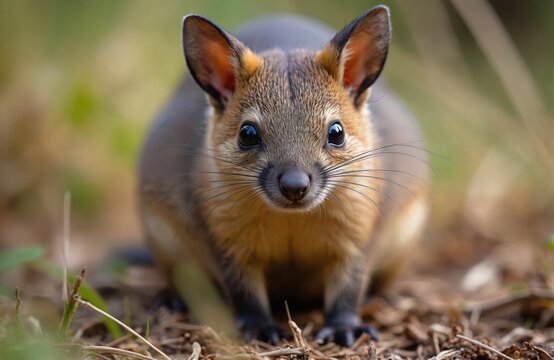 Small marsupial creature with brown and grey fur looks directly at camera. Its large dark eyes and long whiskers are prominent. Cute bandicoot sits on forest floor amidst dry leaves and grass.