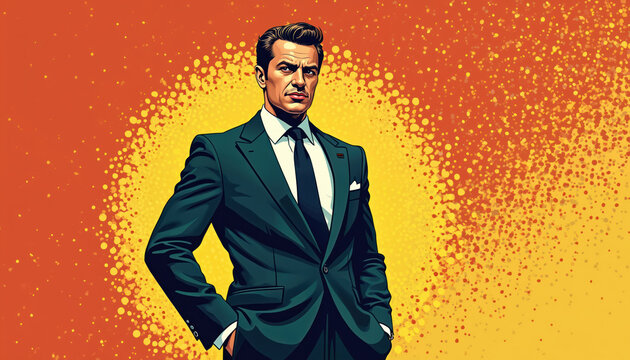 Stylish man in dark suit poses confidently against vibrant yellow, orange abstract background with halftone dots. Graphic illustration evokes retro pop art comic book aesthetic with bold lines,
