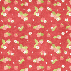 Red strawberry floral seamless pattern with swirling vines and blossoms. Playful vintage-style background perfect for textiles, packaging, kitchen decor, and summer designs.