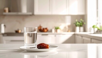 Obraz premium A glass of water and a date on a plate in a bright, modern kitchen setting