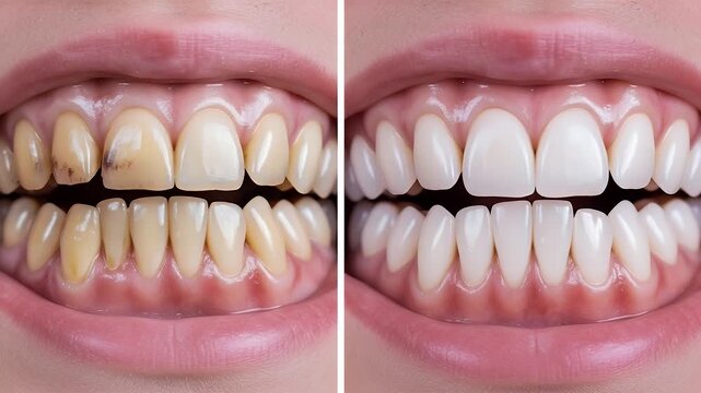 Dramatic teeth whitening transformation from yellow stained teeth to a stunningly white healthy smile
