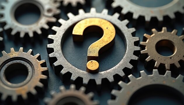 Golden question mark sits center among interlocking metal gear cogs. Industrial mystery complex mechanical challenges problem solving. Represents technical innovation, engineering thought.