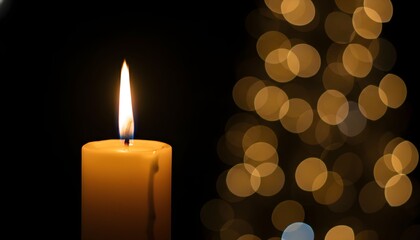 A lit candle stands alone against a dark background with bokeh lights shining brightly to the right