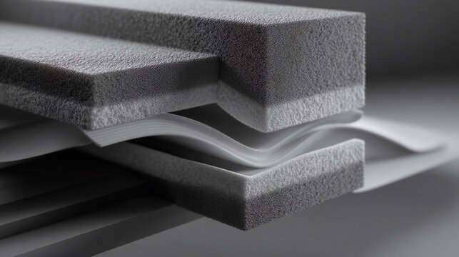 Modern technical close-up of layered foam and smooth materials, highlighting advanced insulation and cushioning properties.