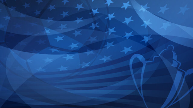 Blue USA flag background with soccer trophy, USA stars, stripes, abstract fluid shapes, soccer world cup theme.
