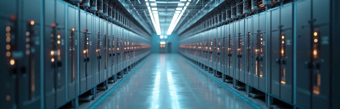 Rows of electric battery cabinets in modern energy storage facility. These units manage power grids, balancing renewable energy inputs, demands. Clean tech infrastructure for future power solutions.