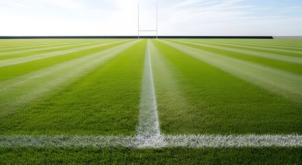 Obraz premium Perspective view of a meticulously striped, freshly cut grass field with goalposts on a sunny day