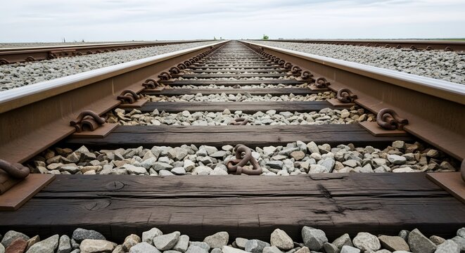 Perspective shot of parallel railroad tracks vanishing into the distance, with sky above