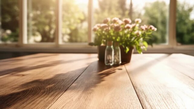 A wooden table bathed in warm sunlight through a large window pane, hosting a simple potted plant in the center. A soft focus of natural elements outside enhances the tranquil ambiance.