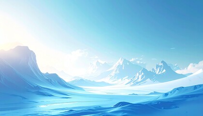 Serene mountain landscape with snow-capped peaks and clear blue sky.