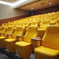 Obraz premium Modern auditorium lecture hall with rows of empty bright yellow seats, dark wood armrests. Interior space designed for conferences, seminars presentations. Venue for educational events, corporate