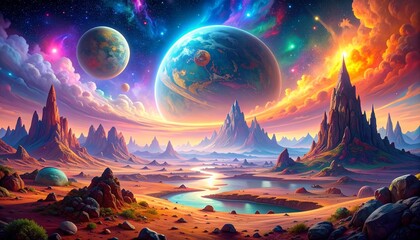 Vibrant Alien Landscape with Planetary Bodies and Rocky Formations.
