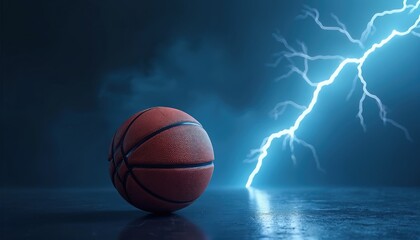 Fototapeta premium Basketball rests on dark floor. Bright lightning strikes behind ball. Misty blue background conveys dramatic sports energy. Intense game power concept.