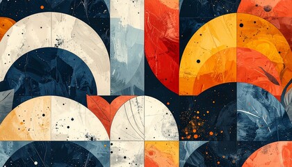 Vibrant abstract geometric pattern with semicircles and textured elements.