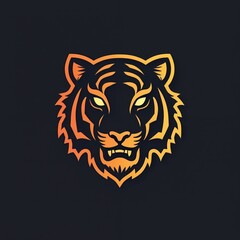 Obraz premium Minimalist tiger head logo design with sharp teeth and glowing eyes. Orange and black gradient on dark backdrop. Bold lines create a modern, fierce graphic symbol for branding.
