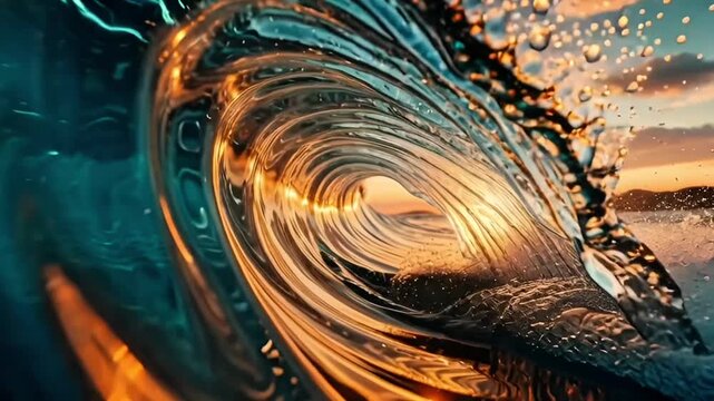 ocean wave curling at sunset with golden sunlight reflecting through translucent water. Powerful yet calming seascape symbolizing energy, nature, motion, freedom, and the beauty of the ocean.