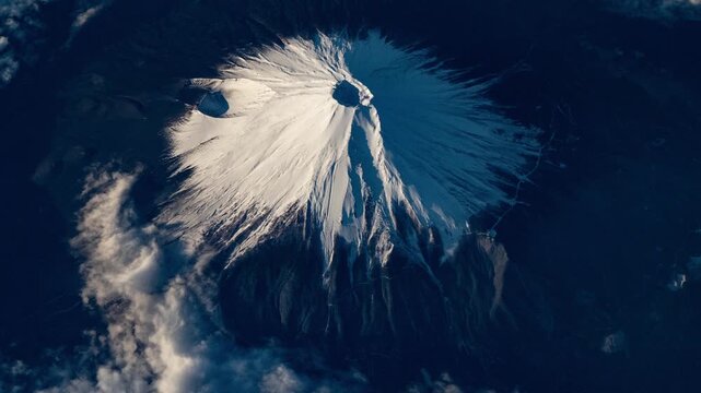 Mount Fuji covered in snow, iconic volcano fly over animation based on Nasa imagery