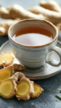 Close up of a cup of ginger tea with fresh sliced ginger on the saucer and tabletop.