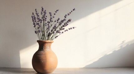 Earthy vase with lavender sprigs in soft sunlight