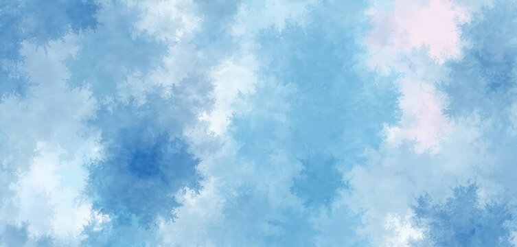 Abstract pattern with blue and pastel pink splotches. Brush strokes create a watercolor tie-dye effect. Covers surface with airy, cloudy texture. Forms seamless background.