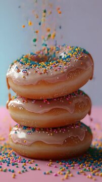 Colorful and appetizing doughnut tower on a pink background.