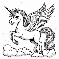 Fototapeta premium Outline pegasus unicorn for coloring pages for kids. Mythical creature flying in sky with clouds and stars. Fantasy horse with wings and horn.