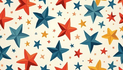 Seamless pattern with colorful stars. Red blue and yellow stars repeat across cream background. Small stars scattered. Playful kids decor graphic.