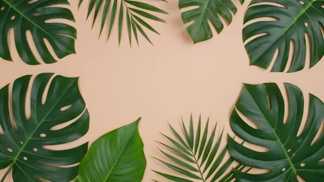 Tropical leaves frame on beige background