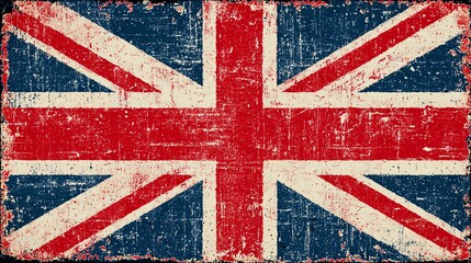 Fototapeta premium A weathered and textured Union Jack flag fills the frame, featuring faded red, white, and navy blue colors with visible scratches, cracks, and grunge effects for a retro, aged appearance.