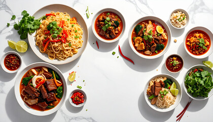 An overhead view of a spread of various delicious Asian noodle dishes and curries, artfully arranged on a white surface with garnishes and chili peppers